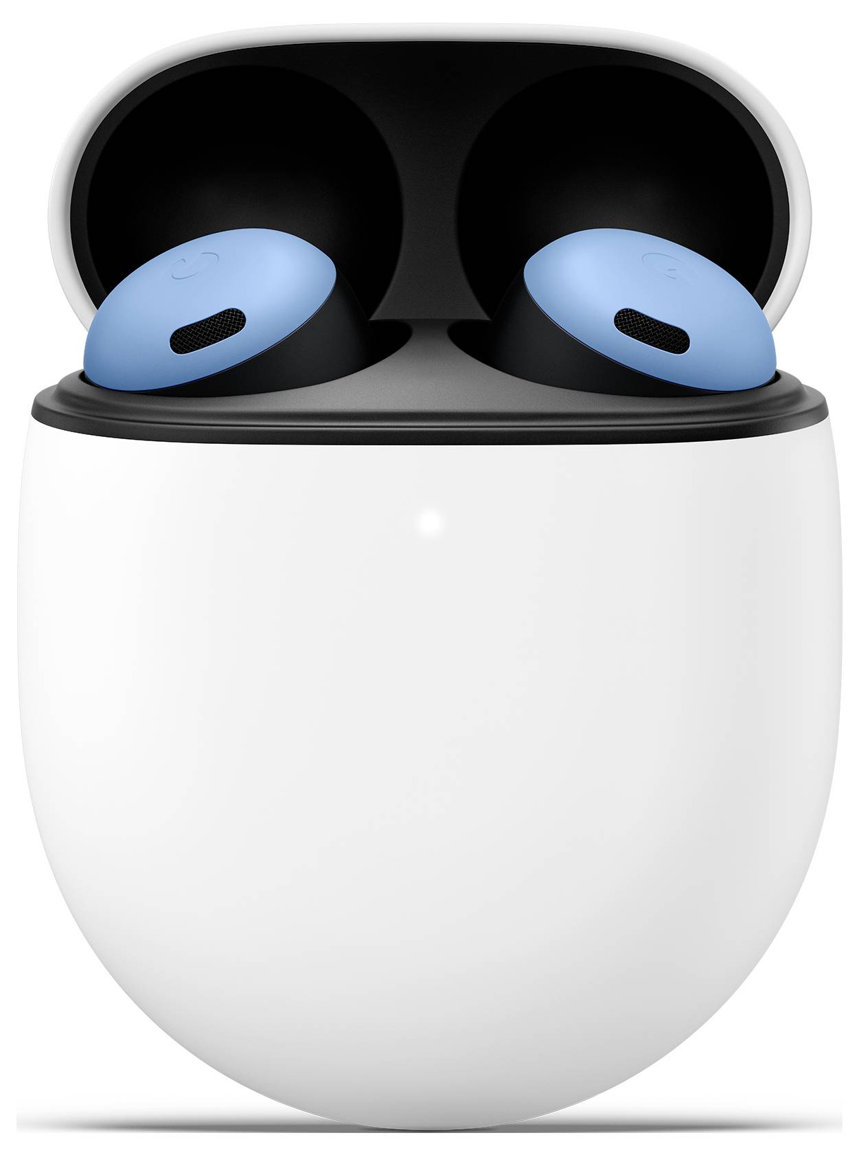 Białe bezprzewodowe słuchawki douszne spoczywające w otwartym etui ładującym, z niebieskimi końcówkami skierowanymi do przodu.