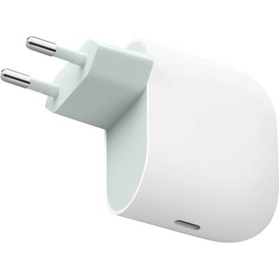 Biała ładowarka ścienna z dwustykową wtyczką w stylu europejskim i portem USB-C, sfotografowana pod skosem, prezentująca jej kompaktowy i minimalistyczny design.