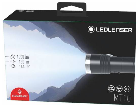 Opakowanie latarki LEDLENSER MT10 przedstawiające zdjęcie produktu, specyfikacja: jasność 1000 lm, zasięg 180 m, czas pracy 144 h, ładowalna.