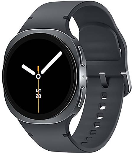 Czarny smartwatch z okrągłą tarczą wyświetla czas w minimalistycznym stylu. Bieżący dzień, 'SOB,' oraz data, '28,' pojawiają się w pomarańczowym kolorze.