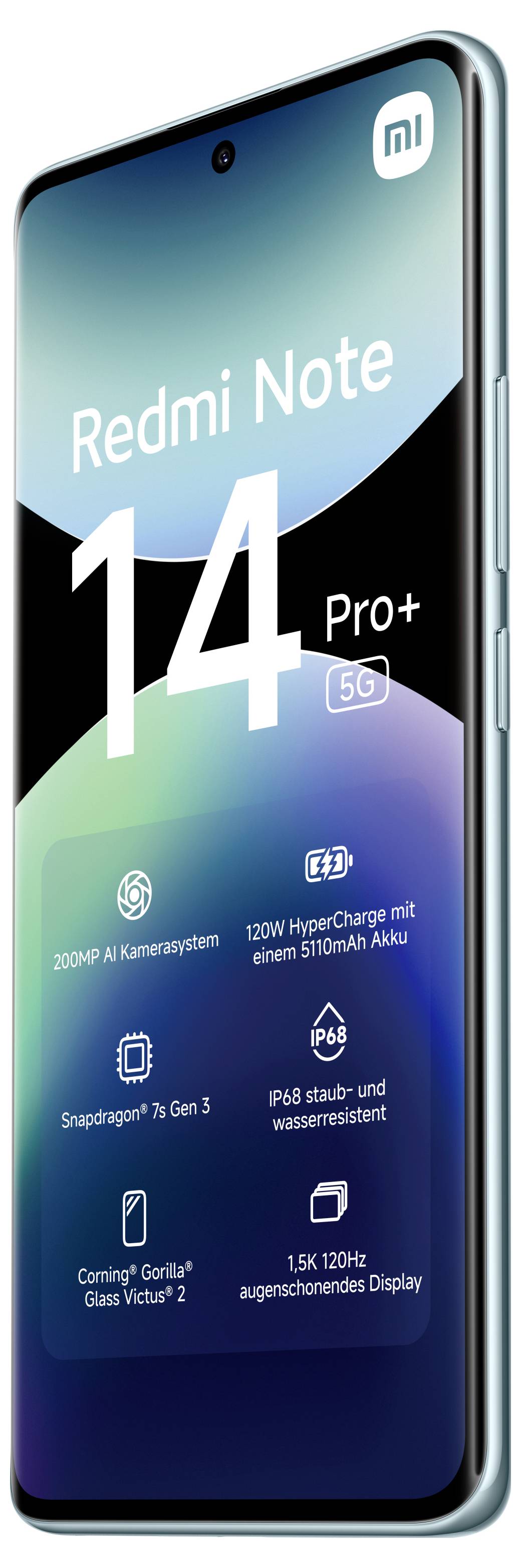Smartfon Redmi Note 14 Pro+ z parametrami: aparat 200 MP, ładowanie 120 W, procesor Snapdragon 7s Gen 3, bateria 5110 mAh.
