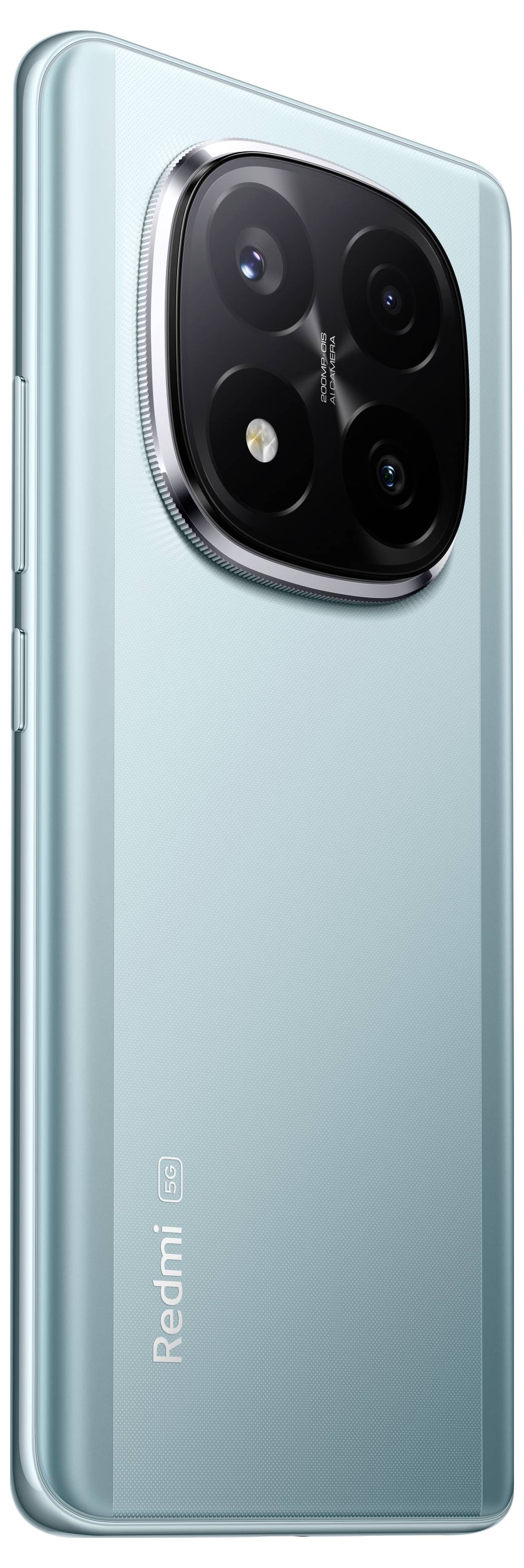 Jasnoniebieski smartfon z układem poczwórnego aparatu i oznaczeniem 'Redmi' z tyłu. Telefon charakteryzuje się smukłą, nowoczesną stylistyką.