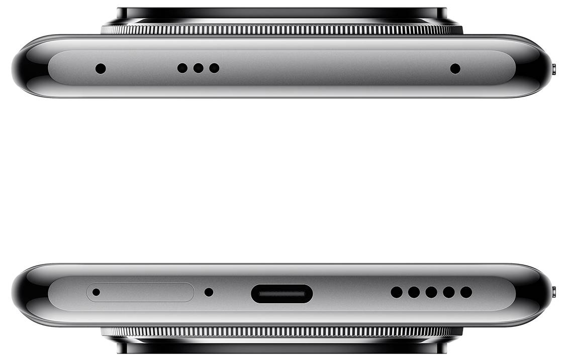 Widok z góry i z dołu smartfona przedstawia kratki głośników oraz port ładowania, podkreślając symetrię projektu i rozmieszczenie portów.