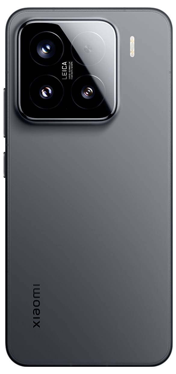 Smartfon z potrójnym systemem kamer i elegancką, czarną obudową, z firmowym logo w lewym dolnym rogu.