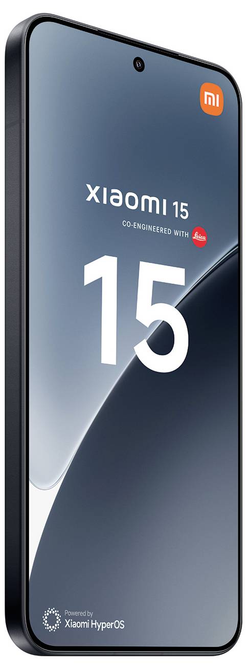 Smartfon Xiaomi 15, charakteryzujący się elegankim czarnym designem, współtworzony przy współpracy z Leicą. Wyświetlacz pokazuje napis „Napędzany przez Xiaomi HyperOS".