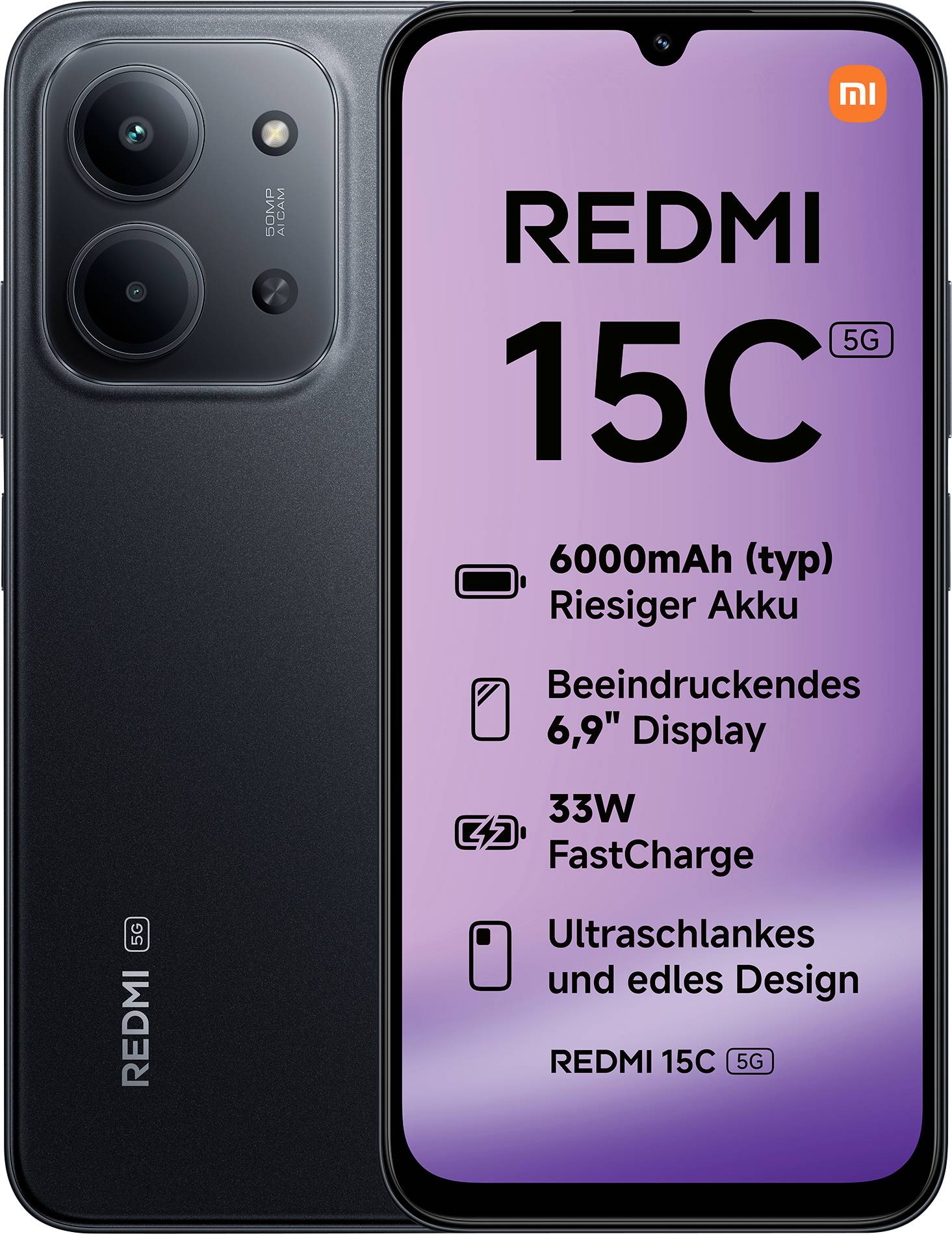 Obraz przedstawia reklamę smartfonu Redmi 15C 5G z akumulatorem 6000mAh, wyświetlaczem 6,9", szybkim ładowaniem 33W i smukłą sylwetką.