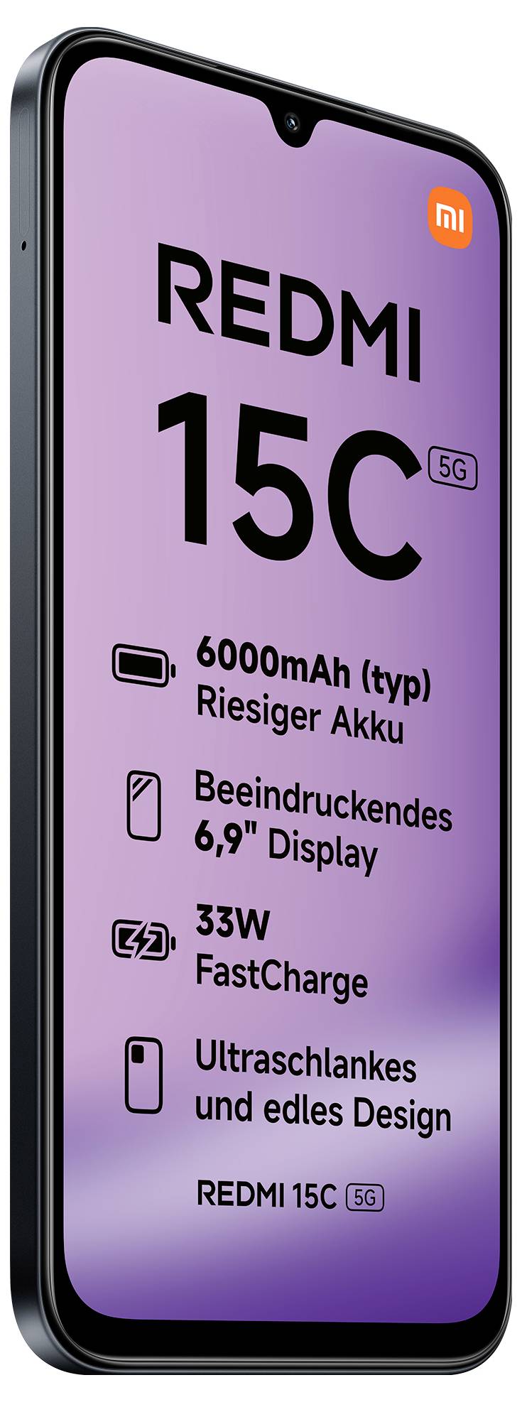 Smartfon z fioletowym ekranem wyświetla tekst promujący 'REDMI 15C 5G', oferujący akumulator 6000mAh, wyświetlacz 6,9", ładowanie 33W FastCharge oraz elegancki design.