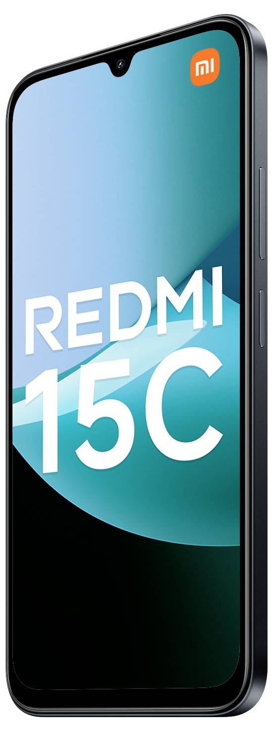 Smartfon z wyświetlaczem 'Redmi 15C' na ekranie. Czarna ramka, ekran przedstawiający abstrakcyjny projekt w kolorach morskim i czarnym, logo producenta.
