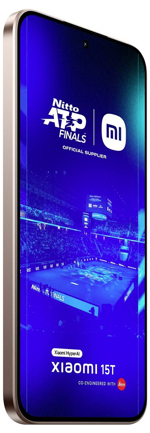 Telefon Xiaomi 15T wyświetlający ekran z logo "Nitto ATP Finals", podkreślający Xiaomi jako oficjalnego dostawcę, współprojektowanego z Leicą.