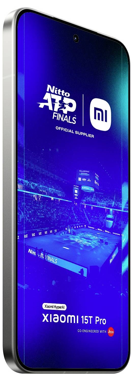Telefon Xiaomi 15T Pro z oznakowaniem „Nitto ATP Finals" oraz partnerstwem z Xiaomi, podkreślającym współpracę podczas wydarzenia na ekranie.