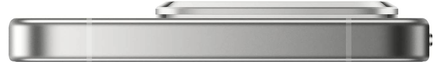 Smukły, srebrny, prostokątny elektroniczny przyrząd widziany z boku, z zaokrąglonymi krawędziami i minimalistycznym designem.