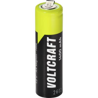 Bateria AA o zasilaniu zwrotnym w kolorze żółto-zielonym i czarnym, opisana jako „VOLTCRAFT" i „1,2 V 1400 mAh" pokazana w pozycji pionowej.