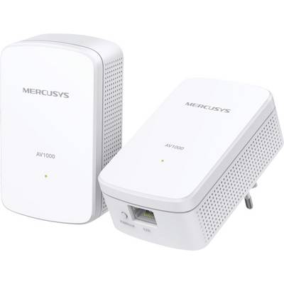 Dwa białe adaptery sieciowe Mercusys AV1000, wyposażone w wskaźniki LED, są widoczne. Jeden z adapterów ma widoczny port Ethernet.