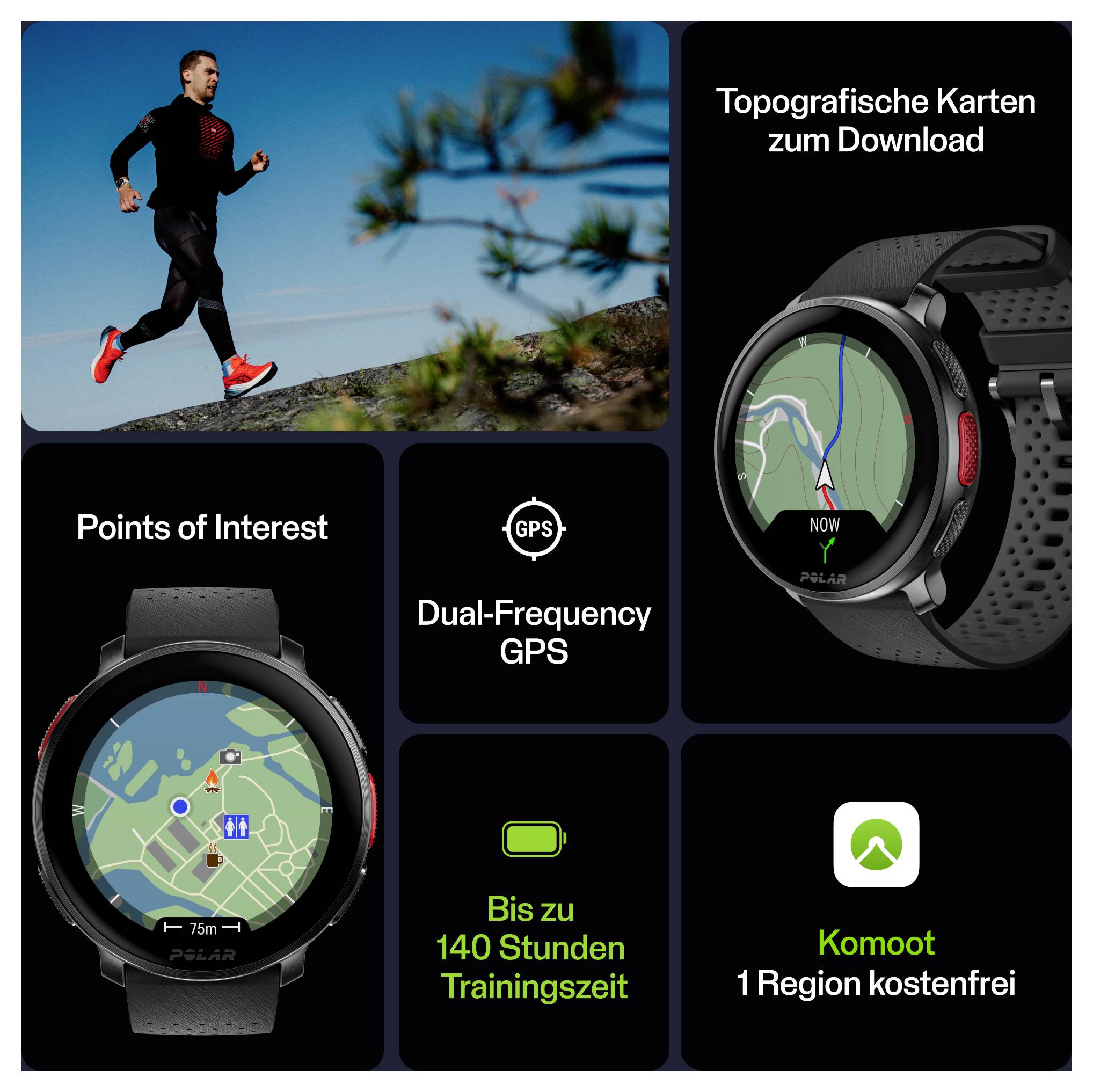 Mężczyzna biegający z inteligentnym zegarkiem wyświetlającym trasę GPS; funkcje obejmują wieloczęstotliwościowy GPS, mapy topograficzne, punkty orientacyjne, długą żywotność baterii.