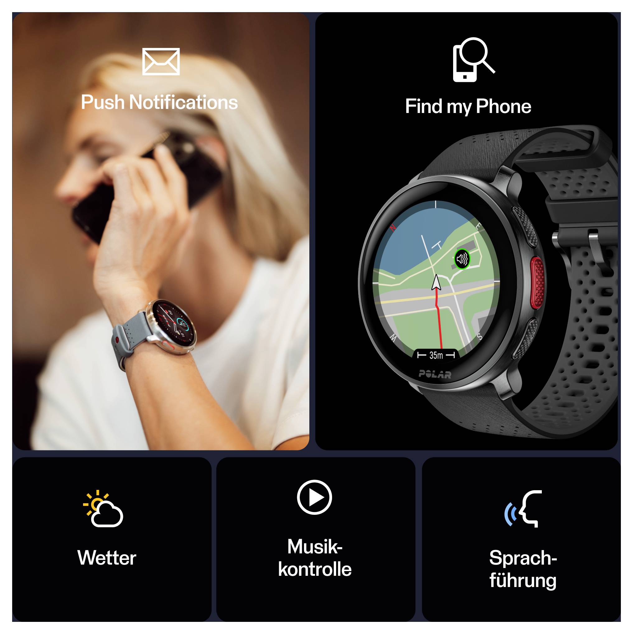 Funkcje smartwatcha: powiadomienia 'Push' z ikoną alertu połączenia, 'Znajdź mój telefon' z mapą na ekranie zegarka oraz ikony pogody, sterowania muzyką i przewodnika głosowego.