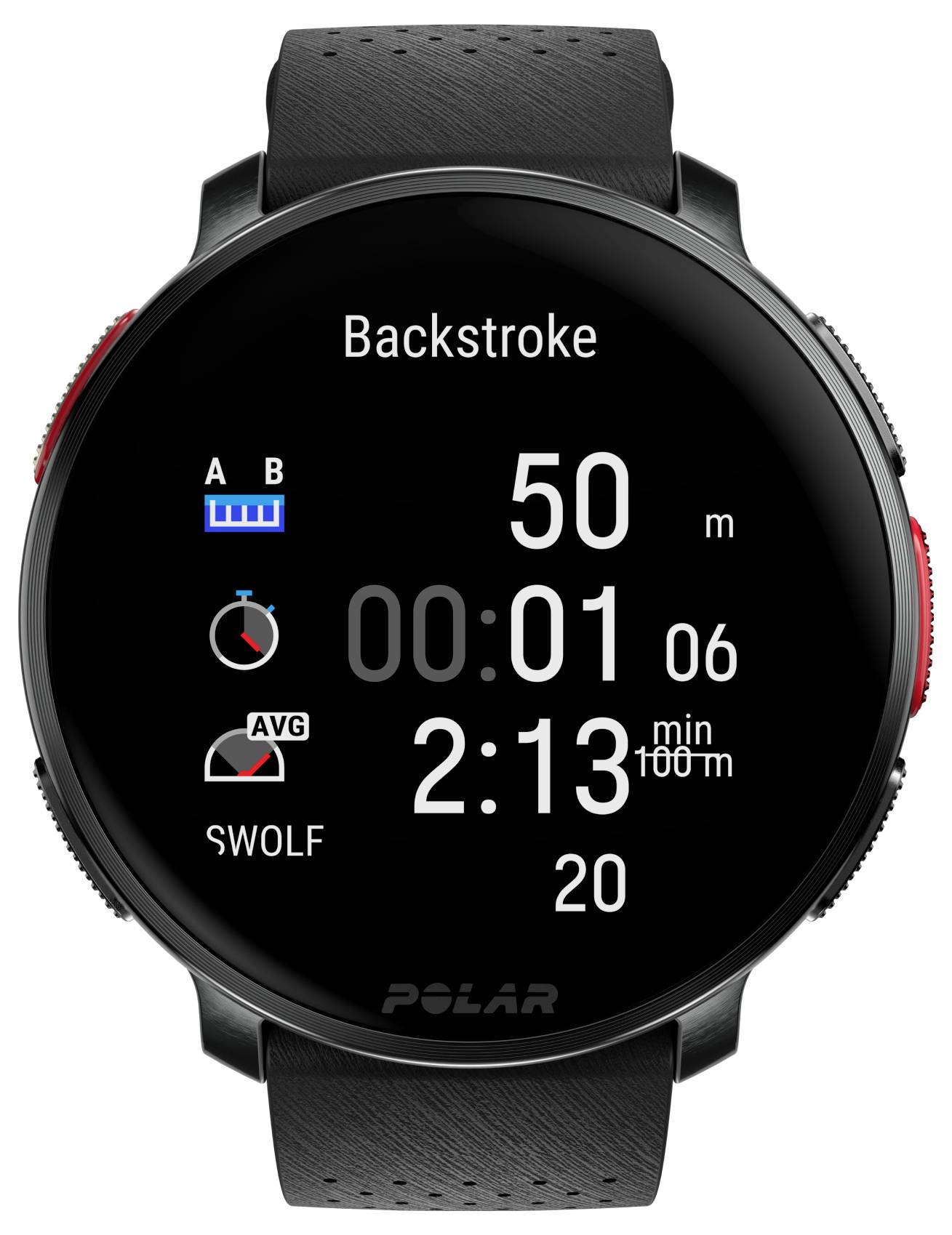 Zegarek sportowy 'Polar' wyświetlający parametry pływania dla stylu grzbietowego: dystans 50 metrów, czas 1 minuta 6 sekund, średni SWOLF wynoszący 20.