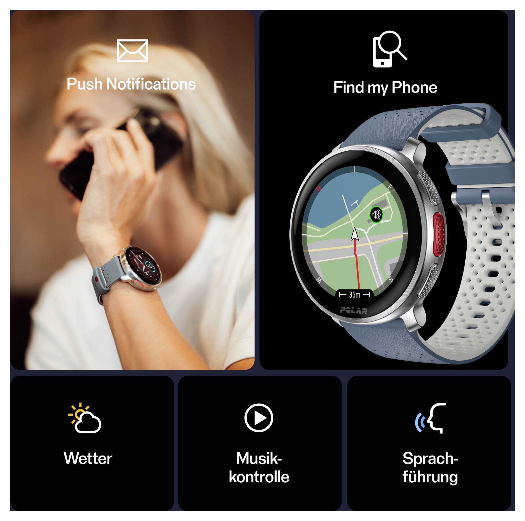 Osoba korzystająca z inteligentnego zegarka z powiadomieniami push. Wyświetlacz zegarka pokazuje mapę z funkcją "Znajdź mój telefon". Ikony poniżej wskazują na funkcje pogodowe, sterowanie muzyką i przewodnika głosowego.