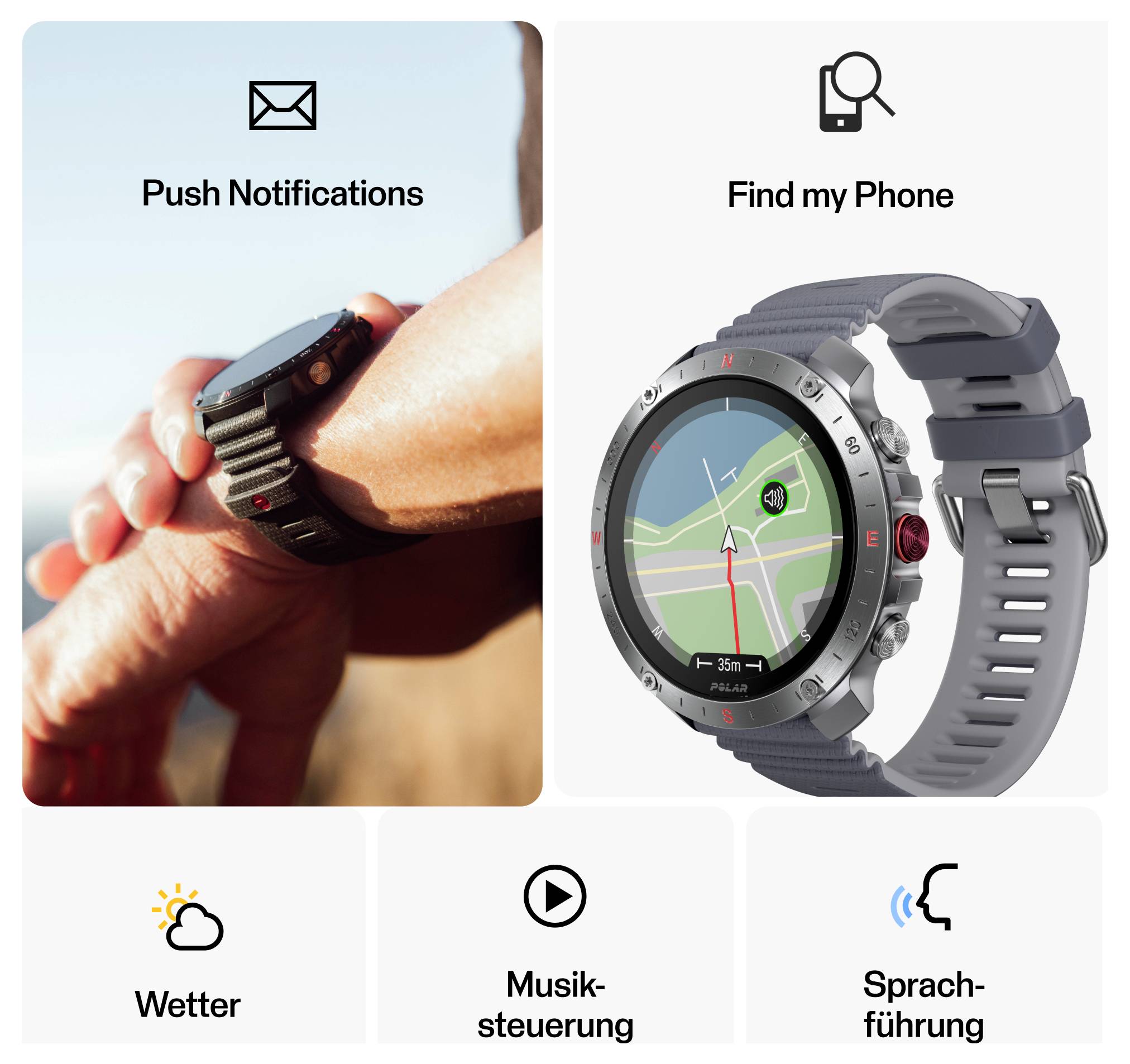 Smartwatch z funkcjami: 'Powiadomienia Push', 'Znajdź mój telefon' oraz funkcjami pogodowymi, sterowaniem muzyką i przewodnikiem głosowym.