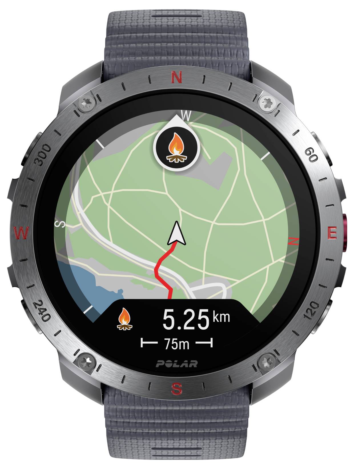 Zegarek sportowy na świeżym powietrzu wyświetlający mapę nawigacyjną, pokazujący trasę o długości 5,25 km z symbolem ognia w punkcie docelowym oraz aktualną odległość 75 metrów.