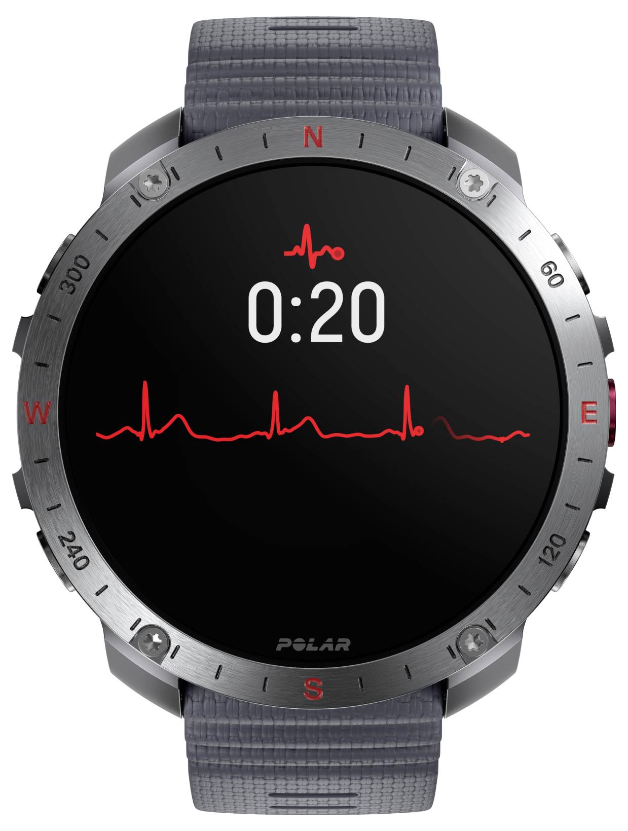 Smartwatch z szarym paskiem wyświetla ekran monitorowania tętna, pokazujący timer zatrzymany na 0:20 oraz czerwony wykres tętna.