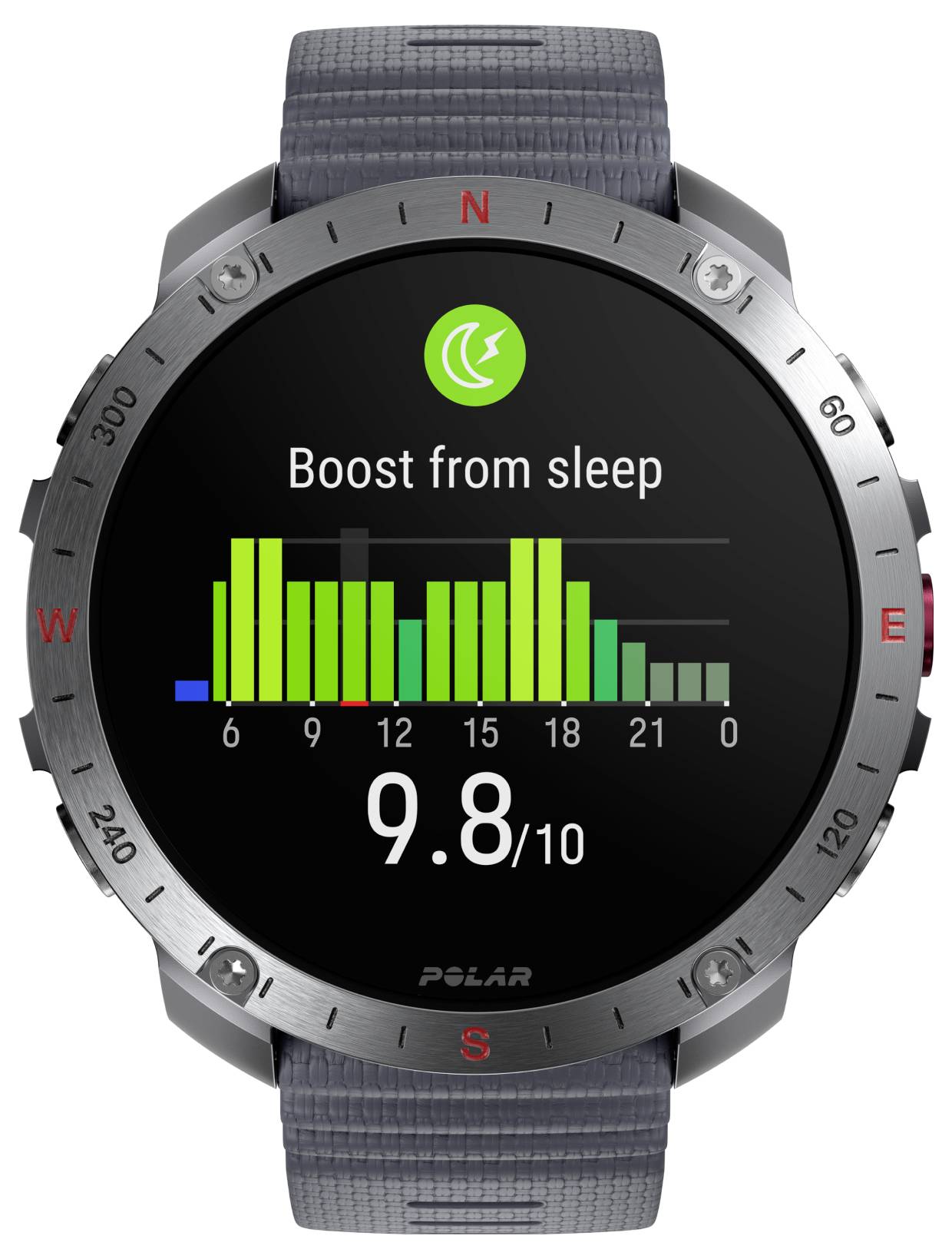 Smartwatch wyświetlający dane dotyczące poprawy snu z zielonym wykresem słupkowym od 0 do 24 godzin. Ocena snu wynosi 9,8/10. Tarcza zegarka posiada oznaczenia kompasu.
