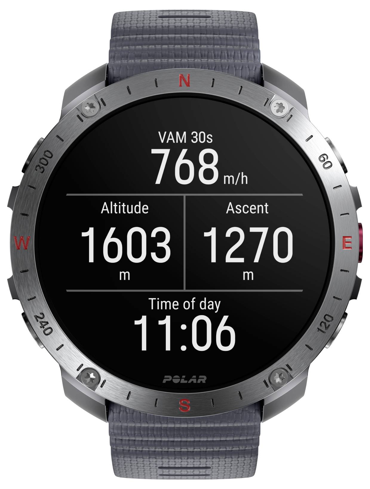 Smartwatch wyświetlający metryki: 'VAM 30s: 768 m/h', 'Wysokość: 1603 m', 'Wzniesienie: 1270 m', 'Godzina: 11:06'.