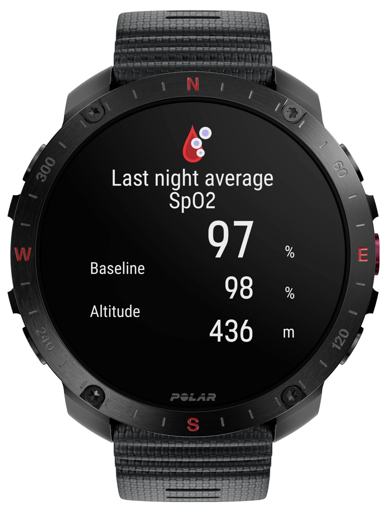 Smartwatch wyświetlający średni poziom SpO2 z poprzedniej nocy wynoszący 97%, poziom bazowy 98% oraz wysokość 436 metrów.