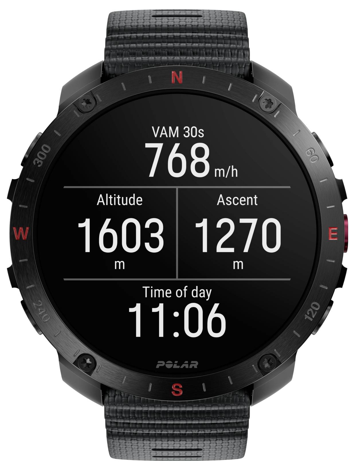 Wyświetlacz smartwatcha pokazuje VAM 30s jako 768 m/h, wysokość jako 1603 m, wzniesienie jako 1270 m, a godzinę jako 11:06.