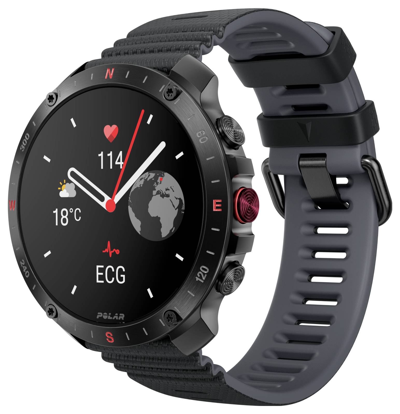 Smartwatch wyświetlający pogodę (18°C), częstotliwość pracy serca (114 uderzeń/min) oraz funkcję EKG. Czarny pasek, okrągły wyświetlacz z pierścieniem nawigacyjnym.