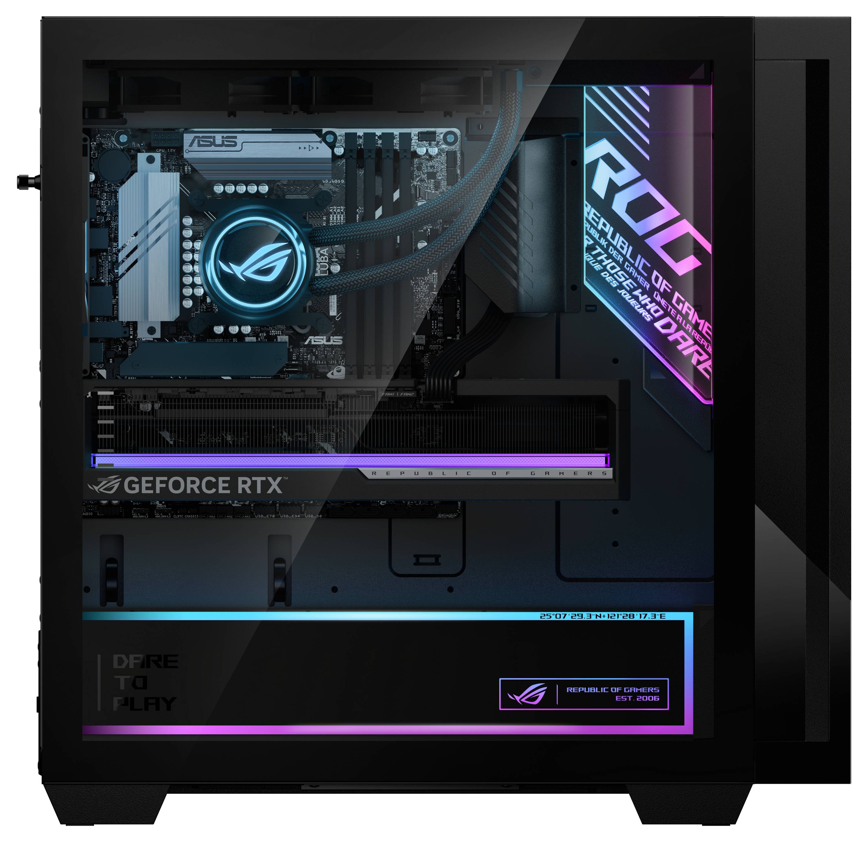 Czarny komputer do gier z kolorowymi podświetleniami LED, prezentujący oznaczenia GeForce RTX i Republic of Gamers widoczne przez przezroczysty panel boczny.