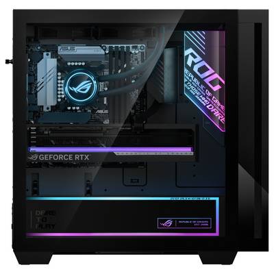Czarny komputer do gier z kolorowymi podświetleniami LED, prezentujący oznaczenia GeForce RTX i Republic of Gamers widoczne przez przezroczysty panel boczny.