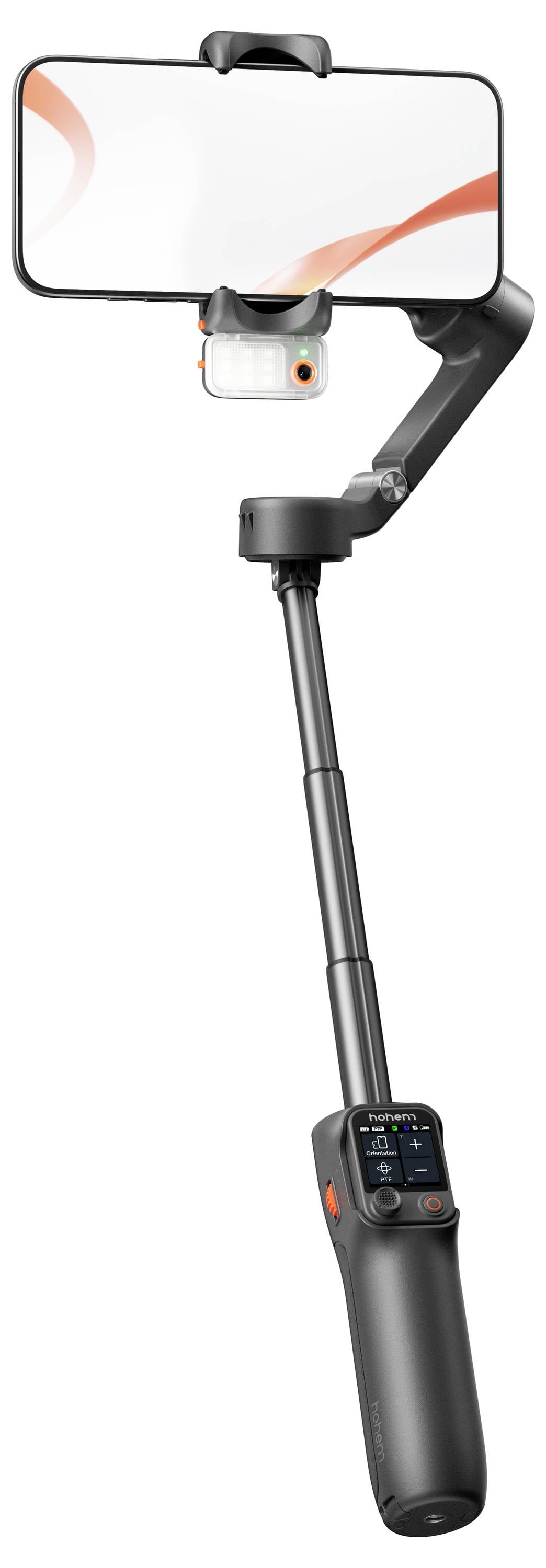Stabilizator gimbala do smartfona z przedłużonym ramieniem, uchwytem na telefon i panelem sterowania na rękojeści, przeznaczony do stabilnego nagrywania wideo i fotografowania.