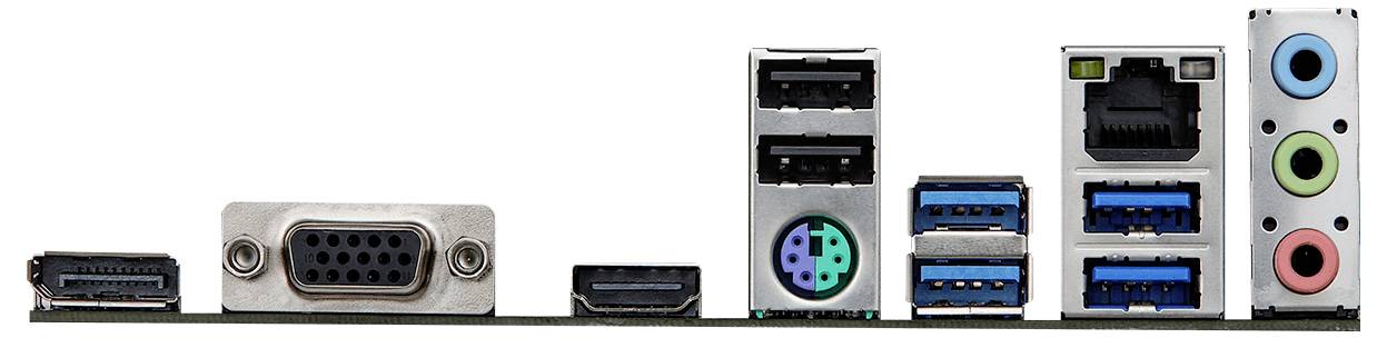 Widok tylnego panelu płyty głównej komputera przedstawiający różne porty: HDMI, VGA, USB, Ethernet, gniazda audio oraz port PS/2 dla urządzeń peryferyjnych.