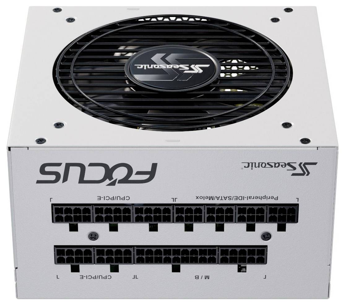 Biały zasilacz komputerowy z wentylatorem i oznaczonymi modułowymi złączami dla procesora, PCI-E oraz urządzeń peryferyjnych na panelu bocznym.