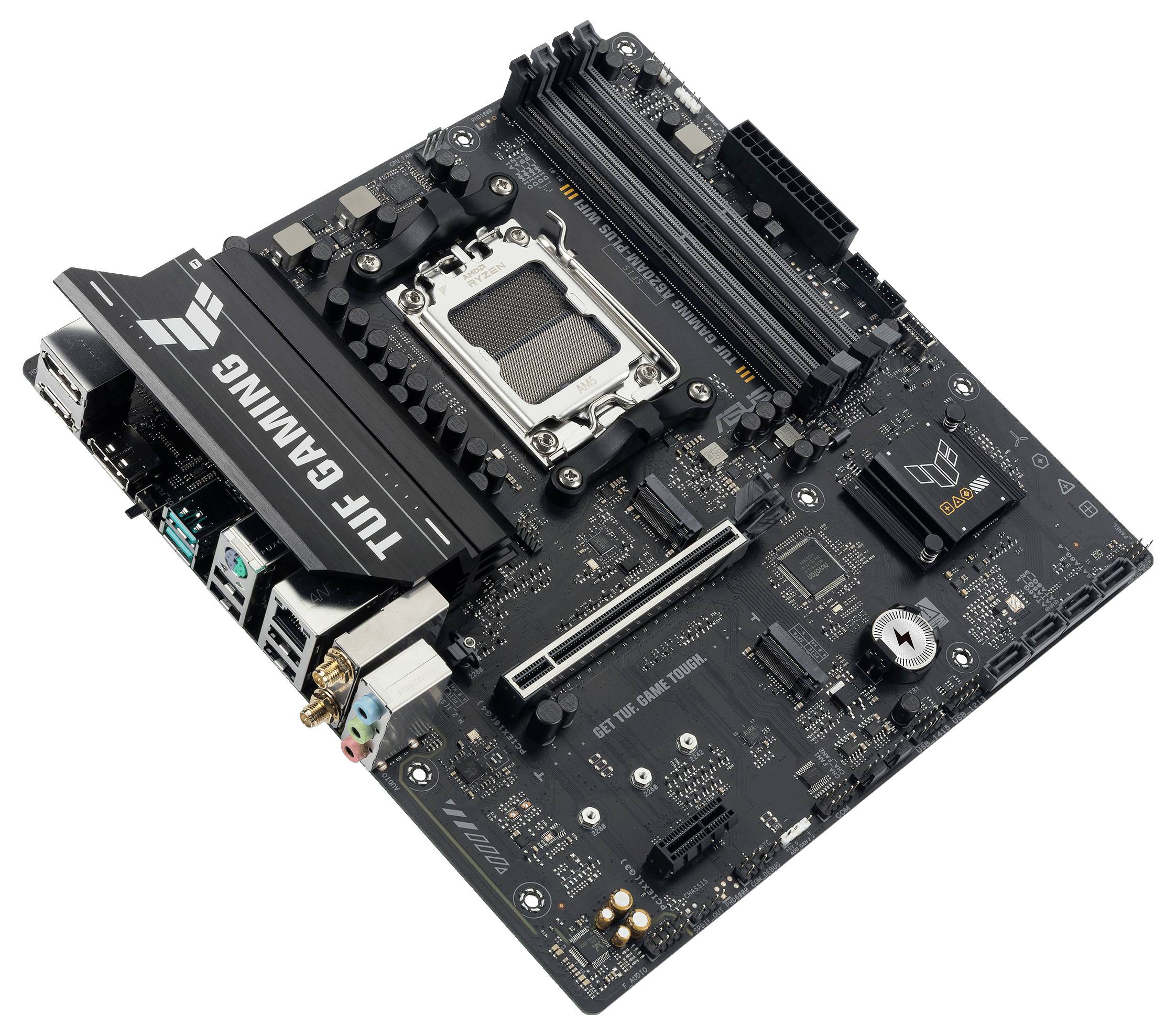Czarna płyta główna do gier z wieloma slotami i portami, oznaczona napisem 'TUF GAMING'.