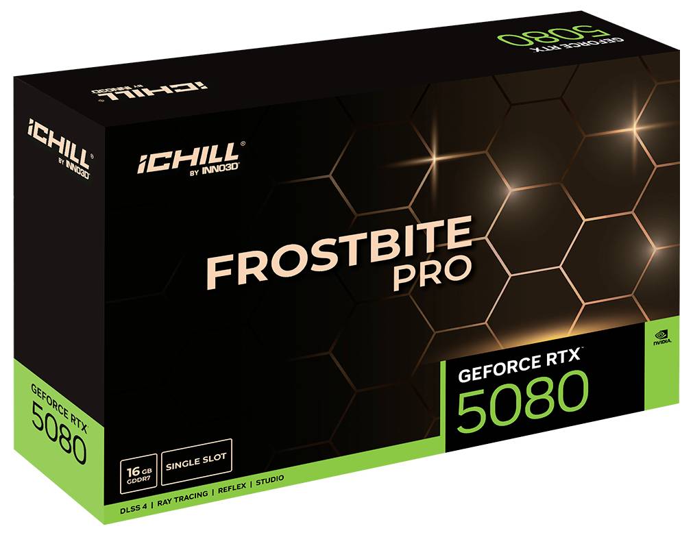 Opakowanie karty graficznej NVIDIA GeForce RTX 5080 iCHILL Frostbite Pro z heksagonalnym wzorem, podkreślające 16 GB pamięci, jednoslotową konstrukcję oraz funkcje śledzenia promieni.