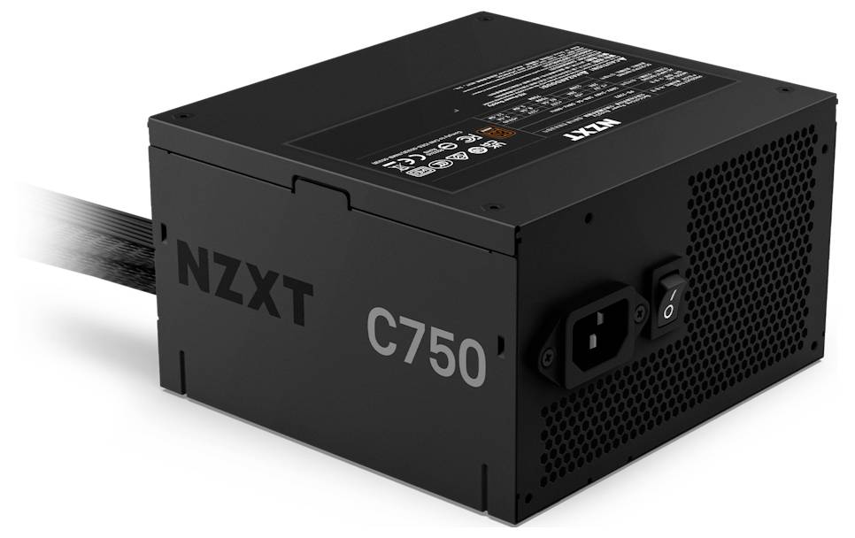 Czarna jednostka zasilająca NZXT C750 z wieloma otworami wentylacyjnymi i widocznym przełącznikiem włączania/wyłączania, z etykietą 'NZXT C750' na boku.
