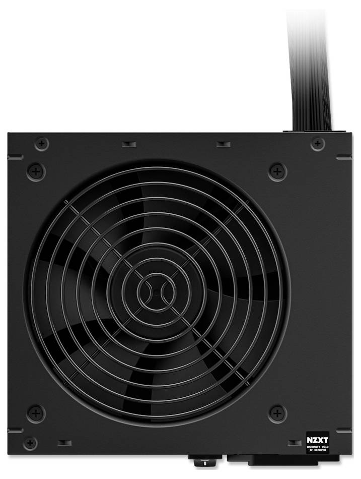 Czarna jednostka zasilająca do komputera z dużym wentylatorem po jednej stronie. Logo NZXT widoczne jest w prawym dolnym rogu.
