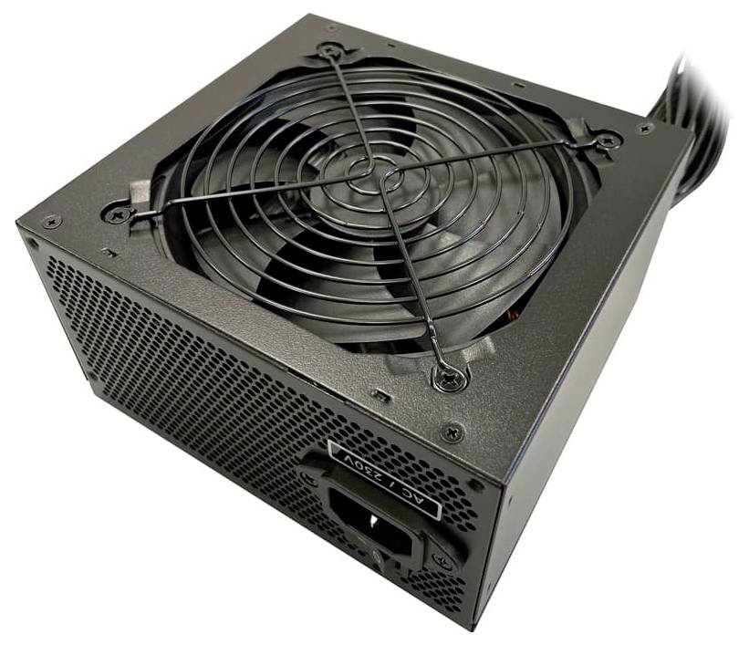Czarny zasilacz komputerowy (PSU) z dużym wentylatorem chłodzącym na górze i wieloma otworami wentylacyjnymi po bokach.