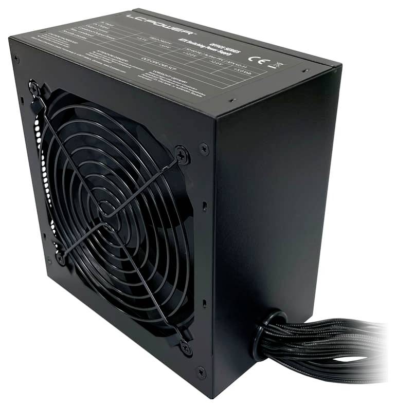 Czarny zasilacz komputerowy z wentylatorem po stronie i kablami wyprowadzonymi z tyłu. Na górze wydrukowane są specyfikacje techniczne.