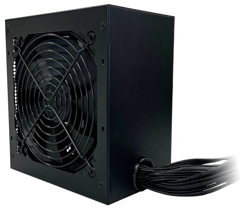 Czarny zasilacz komputerowy z dużym wentylatorem chłodzącym i oplatanym przewodami wychodzącymi z boku.