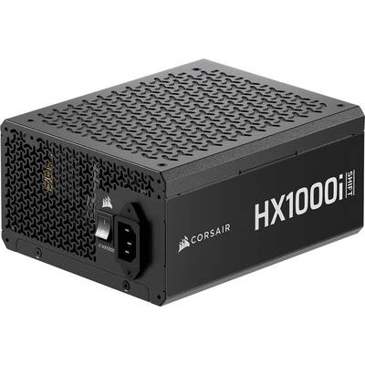 Zasilacz Corsair HX1000i SHIFT, w kolorze czarnym, z tekstem na boku i portami elektrycznymi, stosowany w systemach komputerowych.