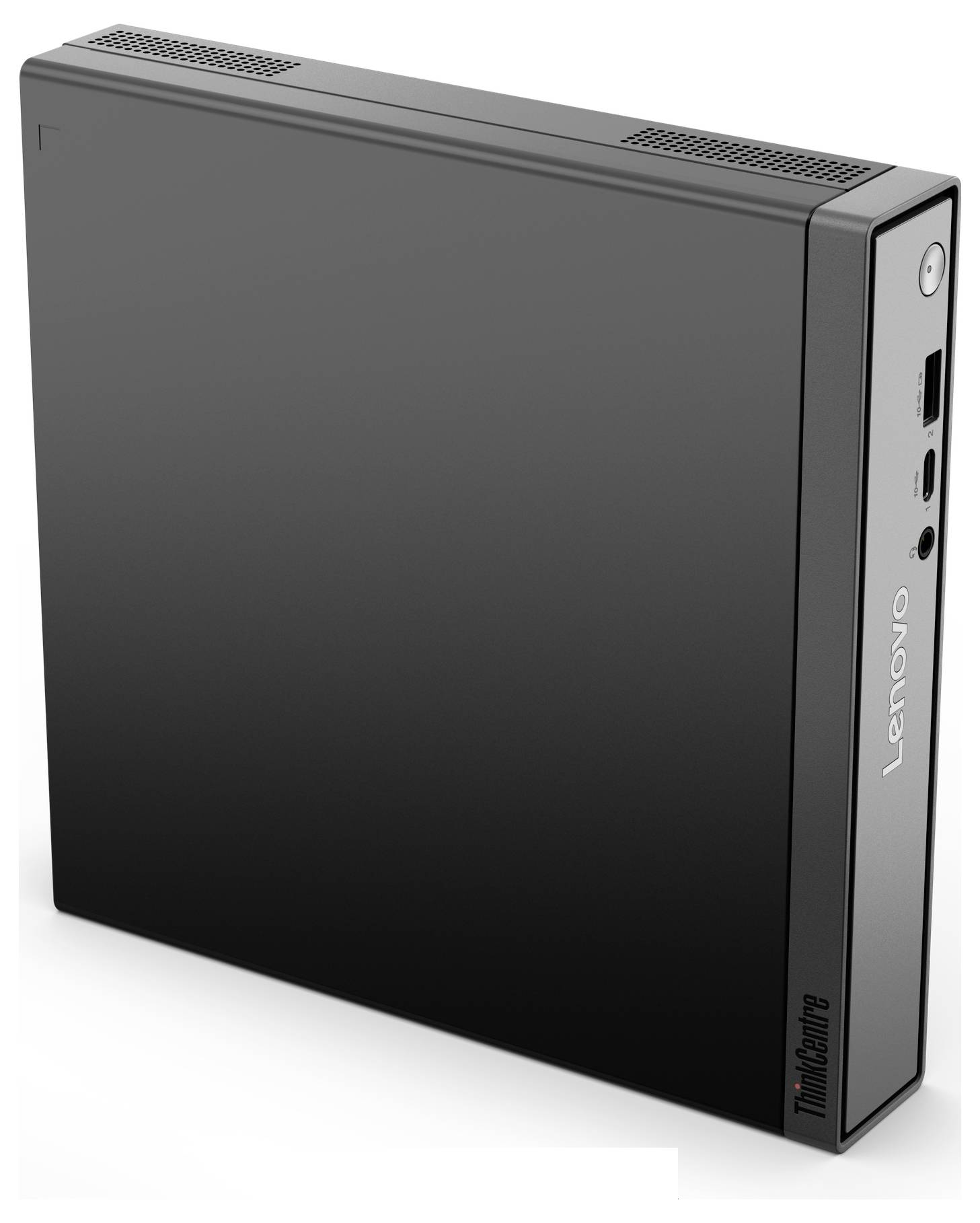 Smukła czarna obudowa komputera stacjonarnego z logo Lenovo, wyposażona w wentylację po bokach oraz porty panelu przedniego do podłączenia urządzeń.