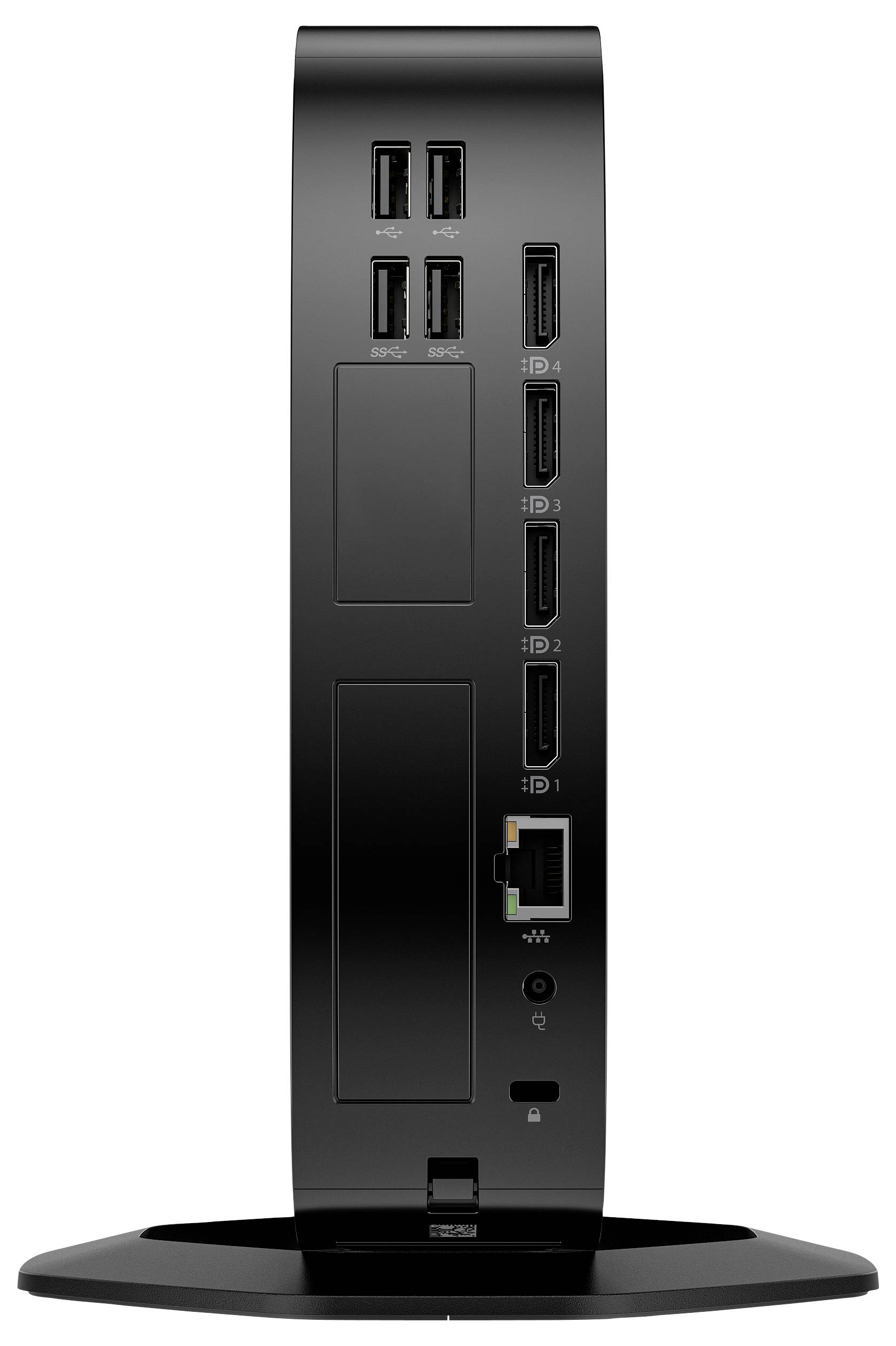 Czarna elektroniczna urządzenie z wieloma portami USB, portami HDMI, portem Ethernet i przyciskiem zasilania, stojące pionowo na okrągłej podstawie.