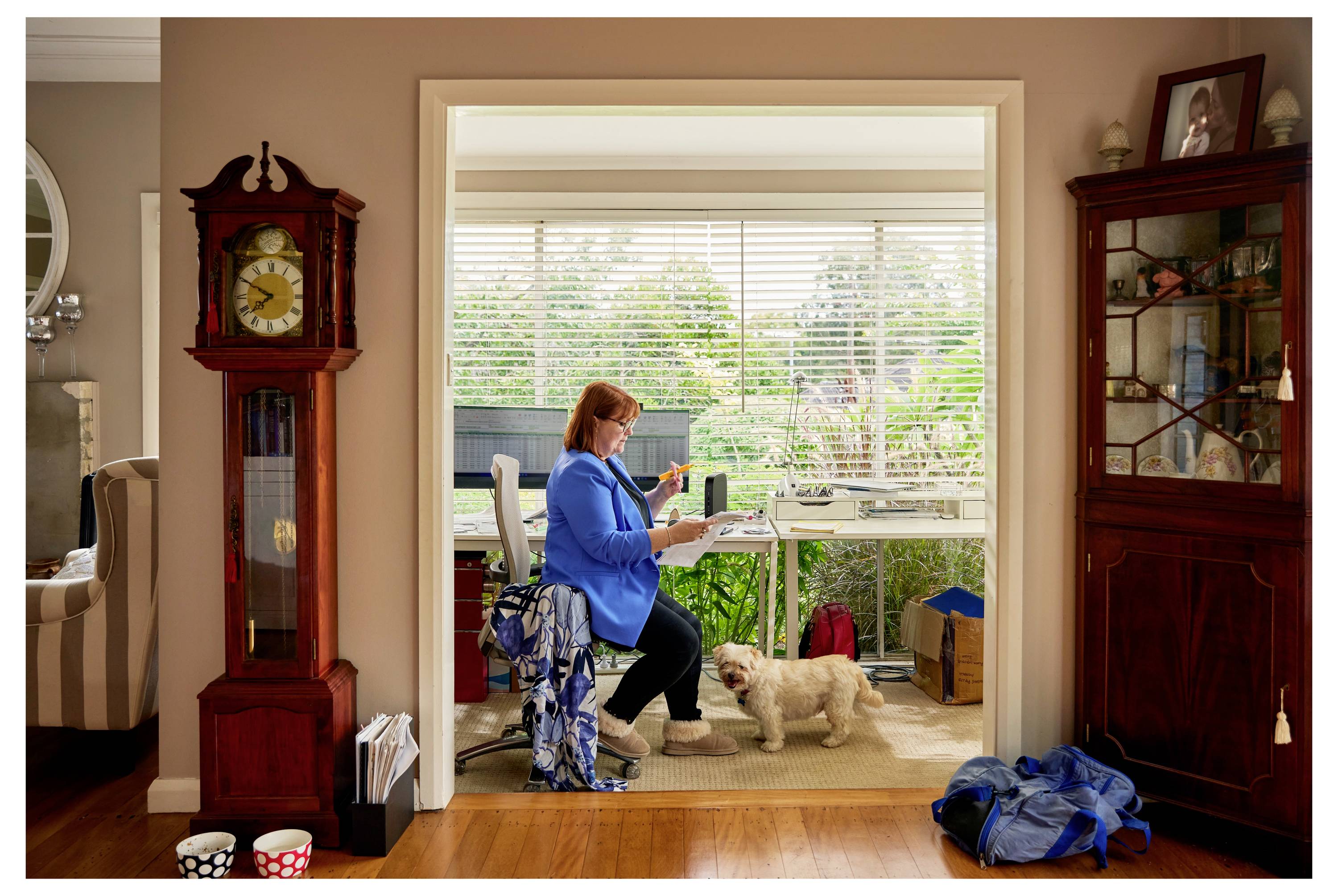 Kobieta w niebieskiej koszuli pracuje zdalnie przy biurku w pobliżu dużego okna, podczas gdy mały pies stoi obok niej. Po lewej stronie znajduje się zegar stojący w stylu dziadka.