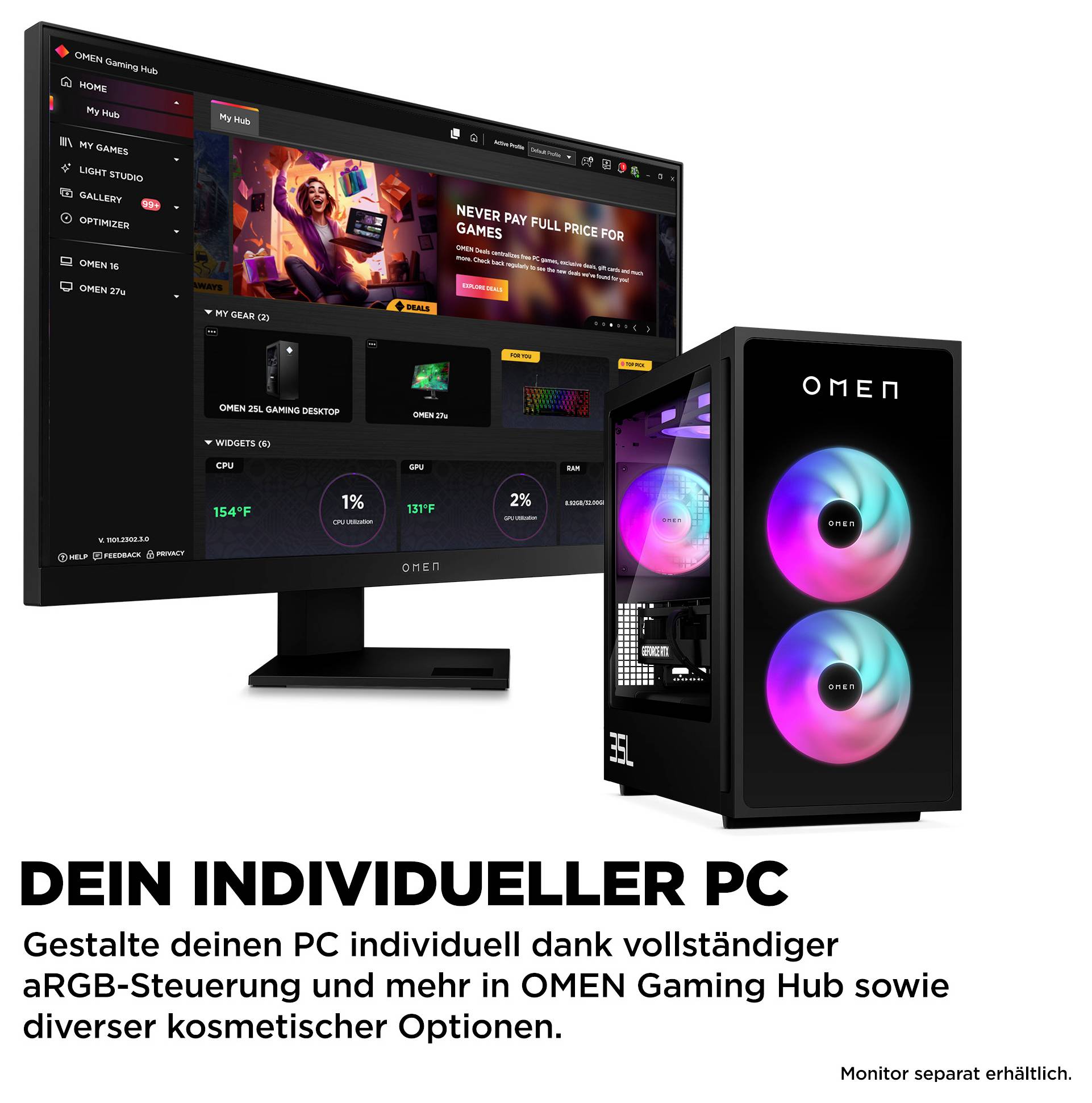 Komputer stacjonarny do gier z kolorowymi światłami obok monitora wyświetlającego interfejs OMEN Gaming Hub, podkreślający możliwości konfiguracji komputera.