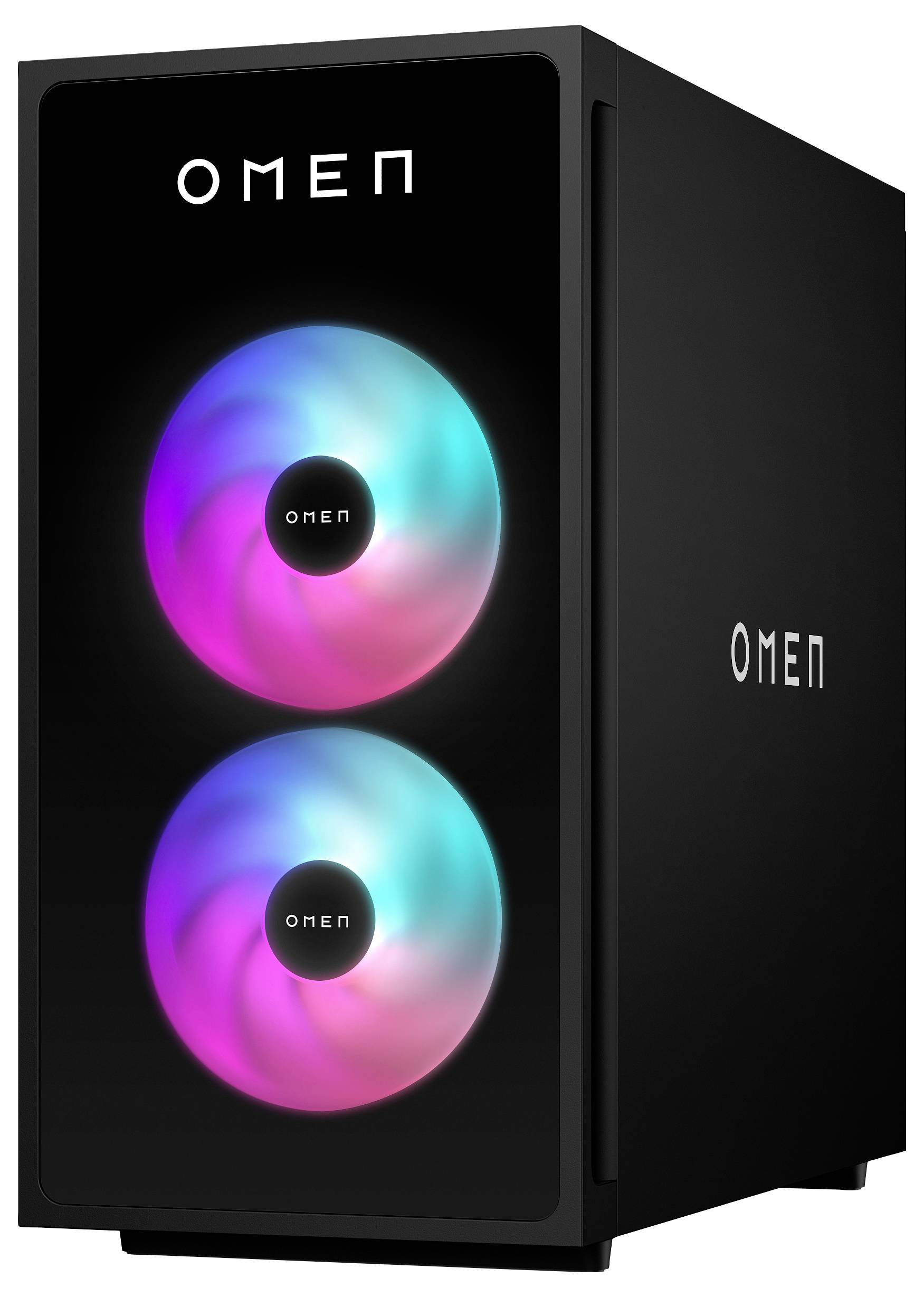 Czarna wieża komputera do gier z logo 'OMEN', wyposażona w dwie duże wentylatory chłodzące z podświetleniem RGB na przedniej ściance, emitujące kolorowe światło.