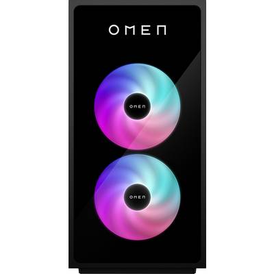 Obudowa komputera do gier z podwójnymi wentylatorami RGB wyświetlającymi niebieskie i różowe światło za przezroczystym panelem. Marka 'OMEN' jest widoczna u góry.