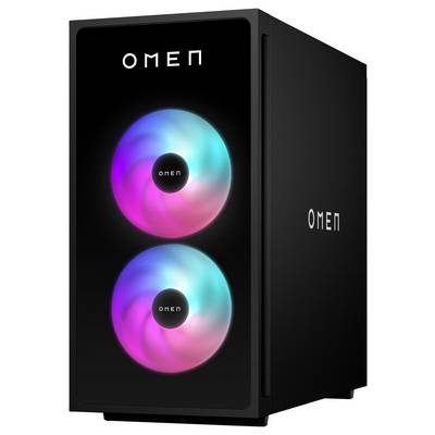 Czarna obudowa komputera do gier z dwoma dużymi, okrągłymi podświetlanymi RGB światłami na przednim panelu oraz wyświetlonym słowem 'Omen' powyżej.