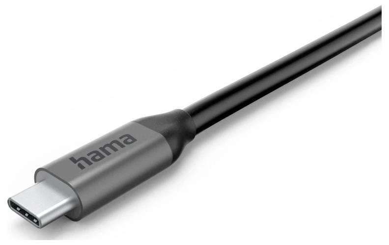 Czarny kabel USB-C z metalowym złączem, na którego boku widnieje logo 'hama'.